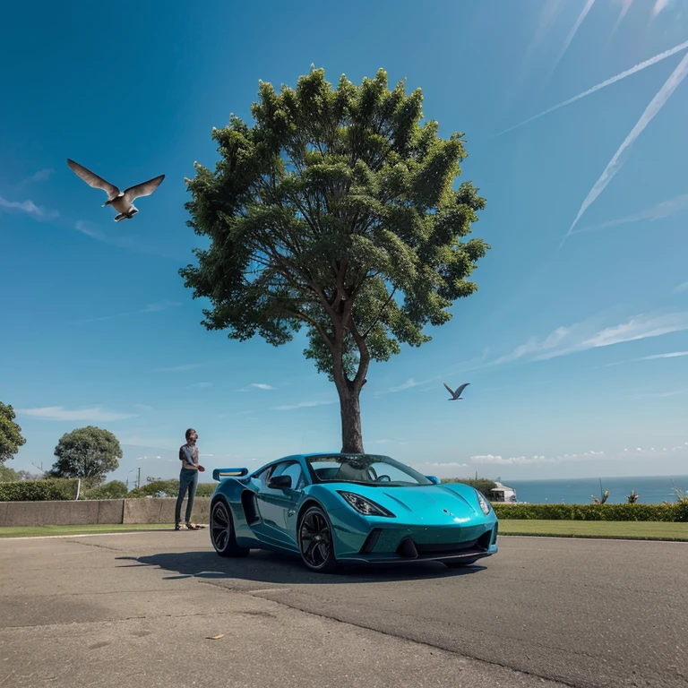 A supercar on a blue tree and a bird wearing green shoes