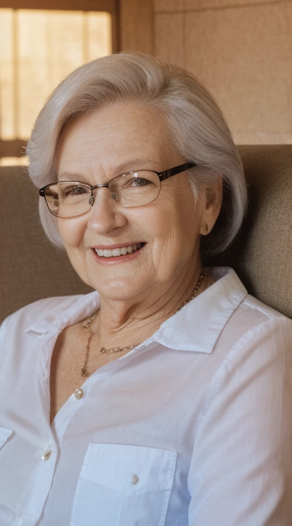 a woman with glasses and a black button shirt smiling, this person does not exist, the look of an elderly person, 60 years old , mature facial features, louise dalh wolfe-virginie roaperarthe jonkers merged, entire body visible, full body, hyperrealistic, best quality, 8K, masterpiece, extremely intricate, detailed eyes, detailed face, detailed body, exaggerated features, pronounced features, fujifilm