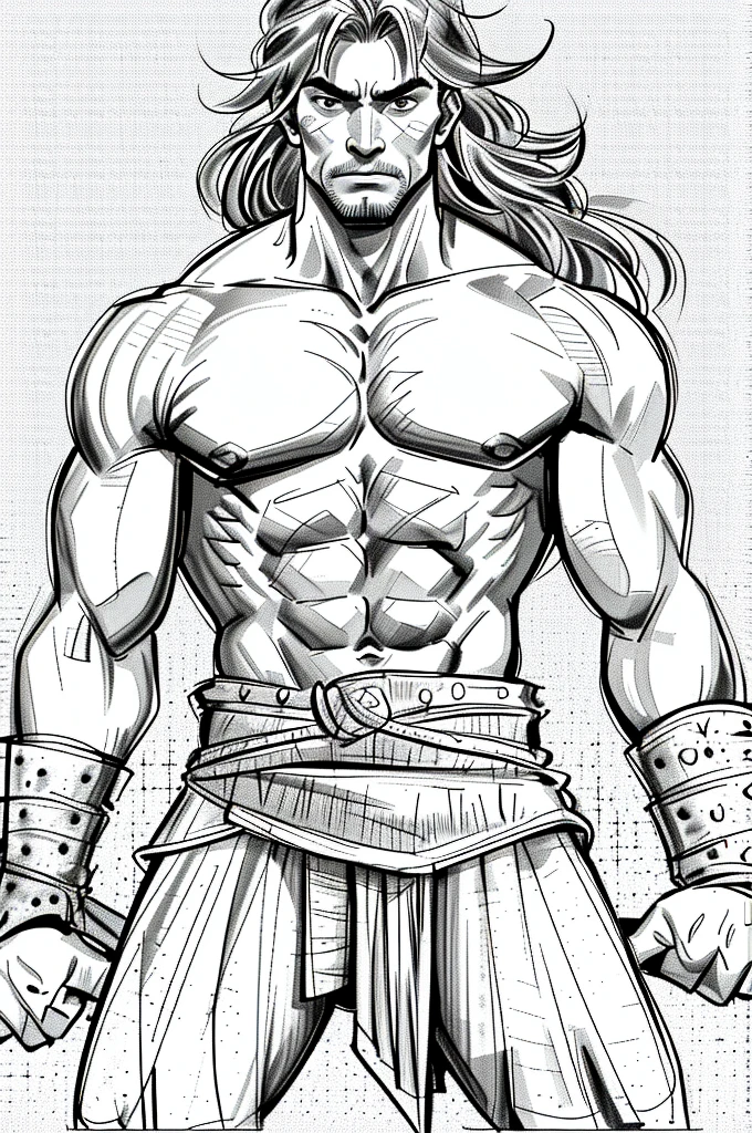 homem velho humano, Conan, the Barbarian, ((sozinho)), escala de cinza, monocromatic, sem antecedentes_com um fundo branco puro, fundo simples, black and white art sketch