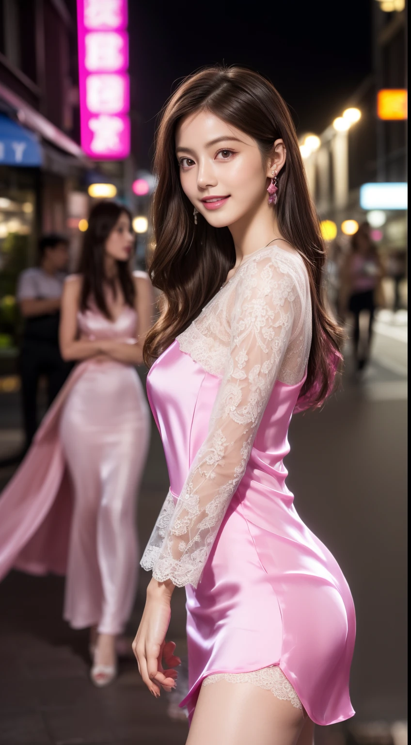 8K, masutepiece, Raw photo, Best Quality, Photorealistic, Highly detailed CG Unity 8K wallpaper, depth of fields, Cinematic Light, Lens Flare, Ray tracing, (Extremely beautiful face, Beautiful lips, Beautiful eyes), intricate detail face, ((Ultra detailed skin)) 1girl in, In the Dark, deepshadow, Pretty Korean girl, Kpop Idol, 1 girl, (Very slim and slender fit muscular body:1.3), ((Looking at Viewer)),(Big smile:1.3), (Hot Pink Color Blouse), (sleeve fashion city night, a dark night, (Neon sign), (Blurred background), Fashion Street Night),(No people in the background:1.3), Beautiful earrings, Bracelets, Necklace, pantyhose, Clear eyes, Walking, (pale skin), (big eye ace forward, ((upperbody shot)), ((Silk Hot Pink Color Dress:1.3)),(Brown hairs),((tight fit lace mini dress)), (see through), (Looking at Viewer:1.3) opened breast, Very slim,  medium breasts, backtrack, Medium Butt, Active, Thigh, lower back, Butts