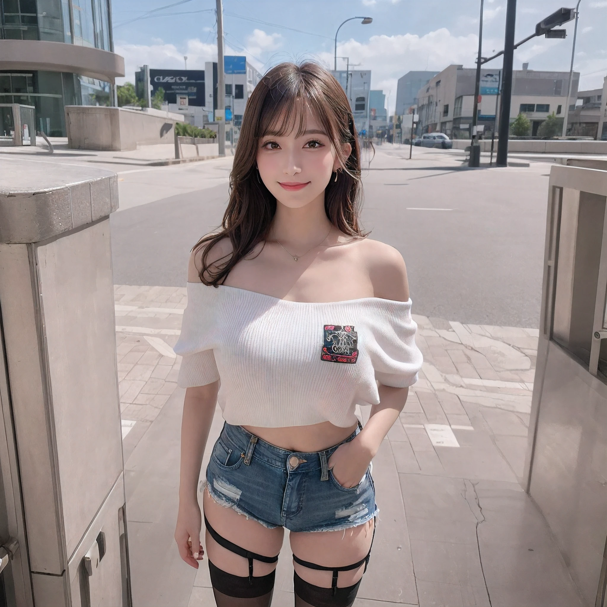 masutepiece, Best Quality, Illustration, Ultra-detailed, finely detail, hight resolution, 8K Wallpaper, Perfect dynamic composition, Beautiful detailed eyes, Off-shoulder t shirt and denim mini shorts,Bob Hair, mid-chest, Natural Color Lip, Random and sexy poses,Smile,20 years girl Colossal tits、nightclub、sheer body stockings、