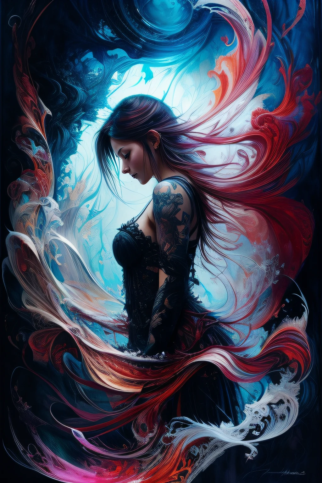 Colorful beautiful woman: Black ink flow: 8k resolution photorealistic masterpiece: by Aaron Horkey and Jeremy Mann: intricately detailed fluid gouache painting: by Jean Baptiste Mongue: calligraphy: acrylic: watercolor art, professional photography, natural lighting, volumetric lighting maximalist photoillustration: by marton bobzert: 8k resolution concept art intricately detailed, complex, elegant, expansive, fantastical, Dream Cather,