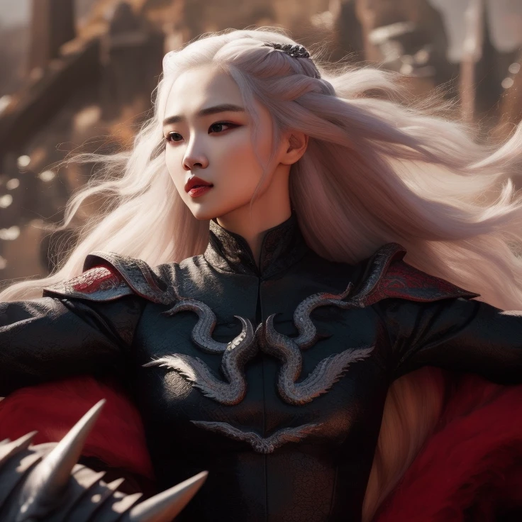 Closeup of a Korean woman with a dragon on her chest, Targaryen, Juego De Tronos, Reina de Dragones, Still from the Game of Thrones movie, Imagen fija de Juego de Tronos, Fotograma de Juego de Tronos, Estilo de Juego de Tronos, dragon queen, ulzzang, maquillaje popular de Corea del Sur