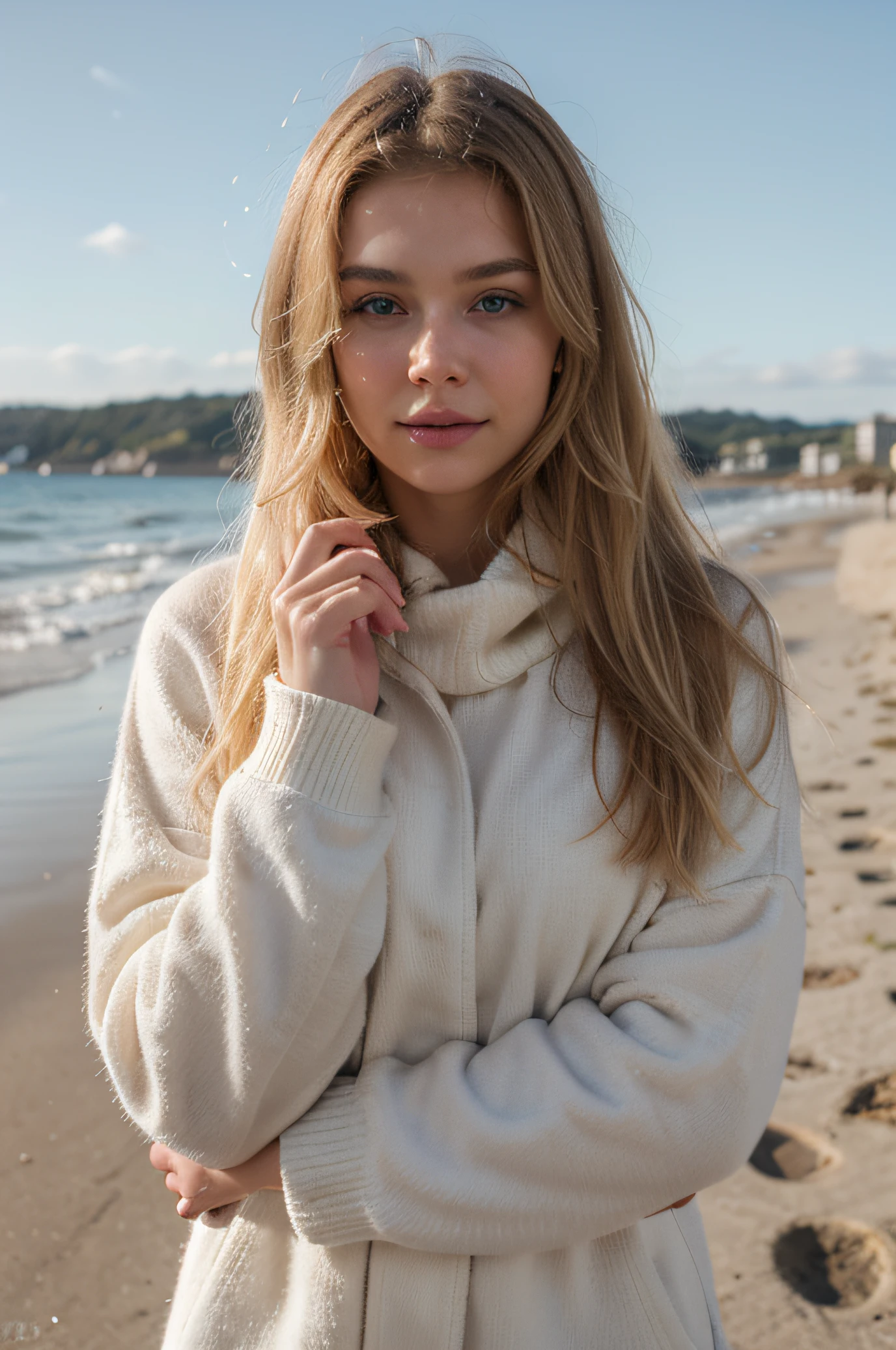 Extremely realistic blonde Russian girl with blonde hair and blue eyes, wearing winter clothes, entire body, looking at the camera, in the beach, cute expression