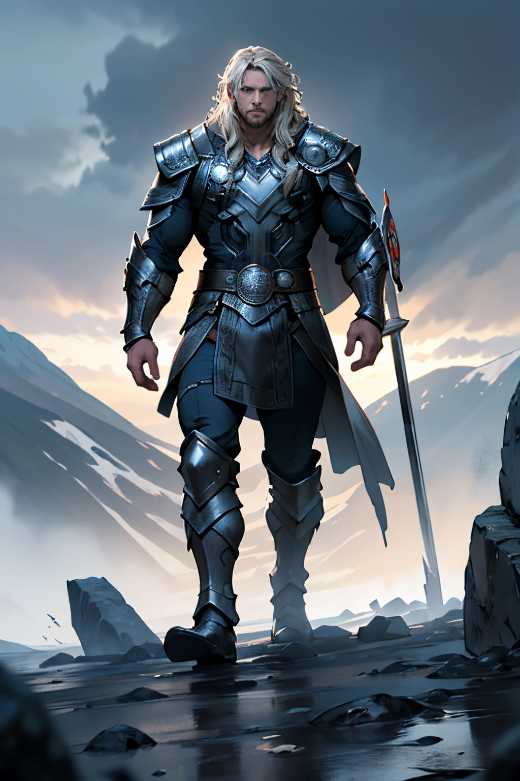 Thor, in striking Norse mythology-inspired armor, grips Mjolnir which exudes realistic textures of weathered Uru metal and engraved Norse runes, standing on a craggy mountaintop under brooding skies, cape billowing, ambient occlusion, high dynamic range, 8k