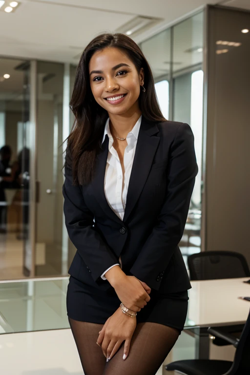 A unique portrait of a woman with a captivating smile, exuding confidence and professionalism in a business setting.