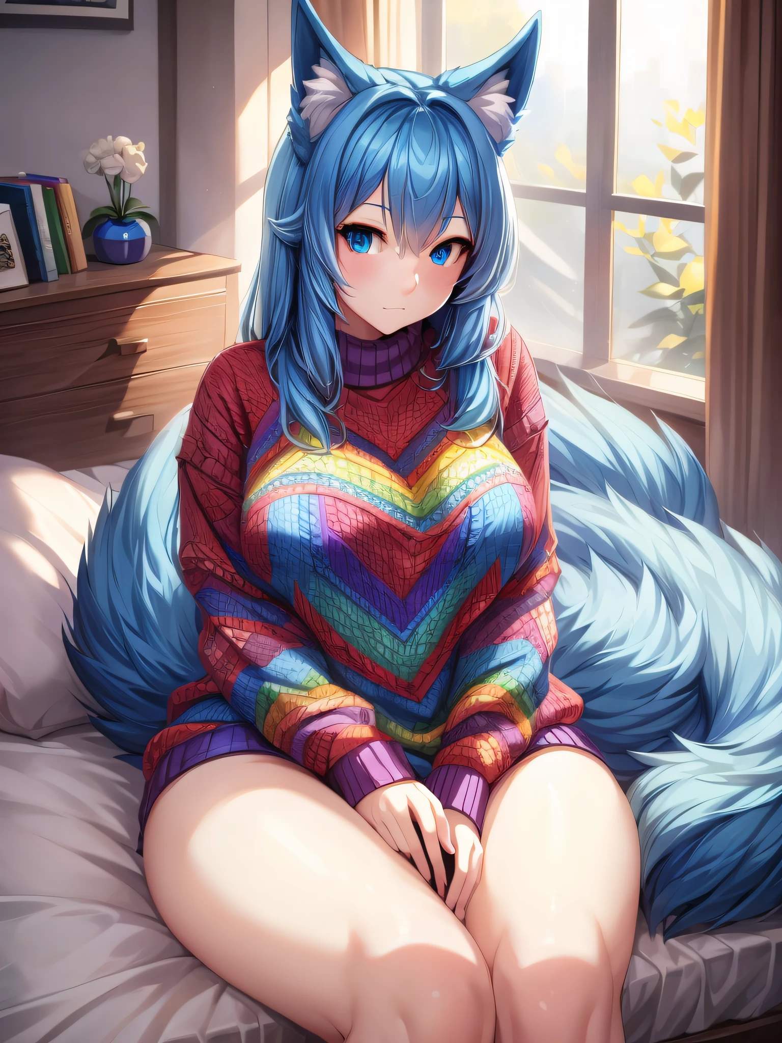 (Masterpiece) (High Detail) (High Res) A short humanoid girl with pale human skin and blue eyes and long blue hair and blue dog ears and a big fluffy dog tail and average breasts and large flaccid cock is sat alone on her bed wearing an oversized rainbow patterned in multiple colours sweater.
