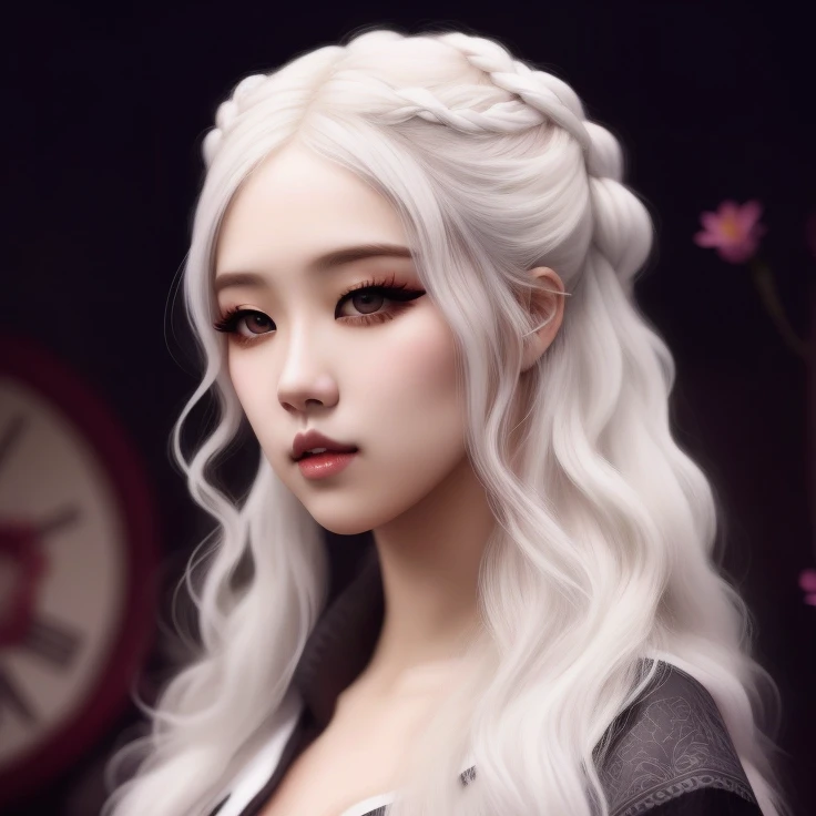 un primer plano de una mujer coreana con largo cabello blanco y ojos morados, Chica perfecta de pelo blanco, Cabello largo blanco detallado, Pelo blanco trenzado largo, cabello blanco y hermoso, pelo blanco, cabello trenzado blanco, Chica con el pelo blanco, con el pelo largo y blanco, cano, cabello blanco intenso, Muy hermosa modelo superior, con pelo largo blanco, hyperrealistic fantasy art, Juego de Tronos, Estilo Juego de Tronos, ulzzang, maquillaje popular de Corea del Sur