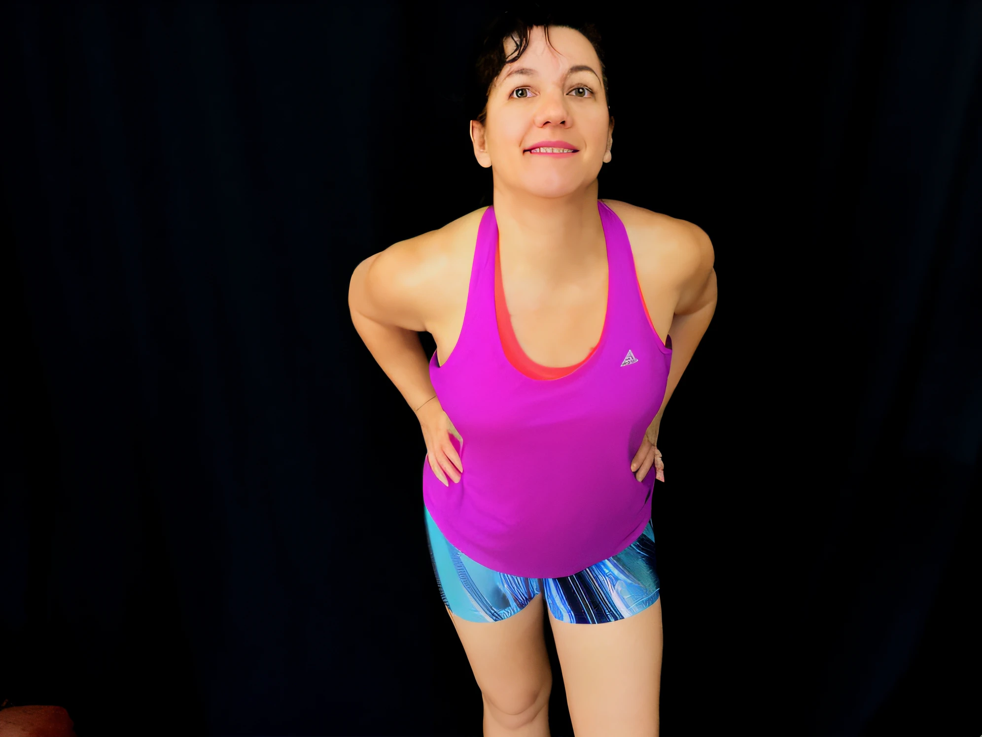 there is a woman with a pink blouse and blue shorts, ombros curvados, Pose virada para a frente, suado 4 k, standing athletic pose, Pose frontal, by Amelia Peláez, usando equipamento de fitness, vestindo camisola e shorts, postura curvada, tiro de meio corpo, meio - tiro no corpo, suando intensamente, hand on hips