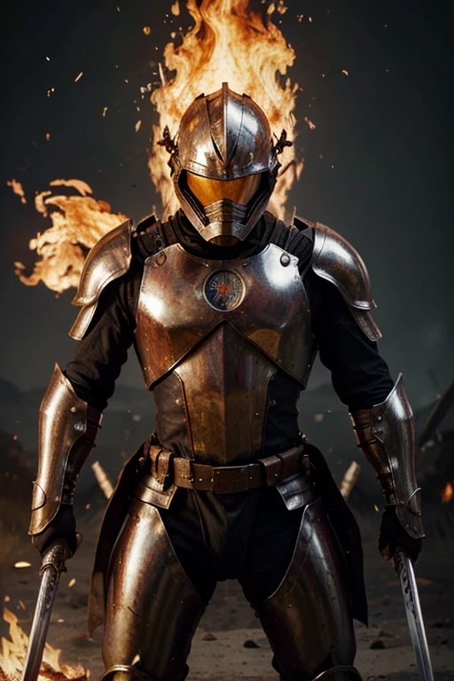 ((best quality)), ((masterpiece)), (detailed), armor suit, holding sword in battlefield, flaming fire sword, metal armor, 8k resolution, detailed, best quality, high quality, red background, fire flaming