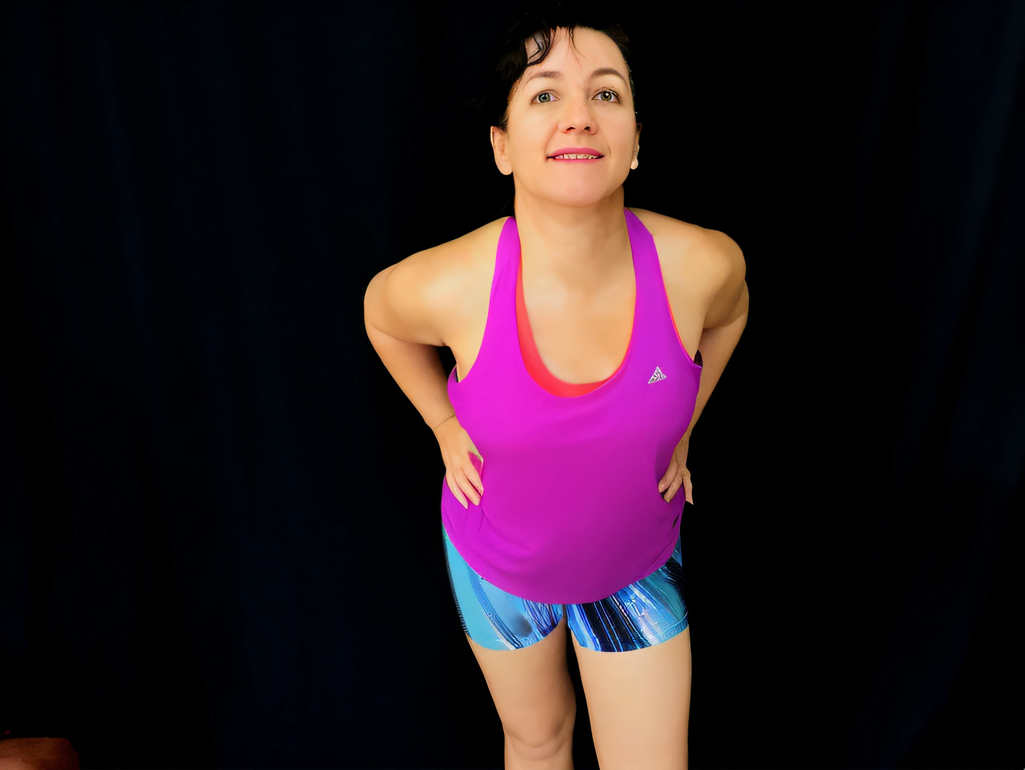 there is a woman with a pink blouse and blue shorts, ombros curvados, Pose virada para a frente, suado 4 k, standing athletic pose, Pose frontal, by Amelia Peláez, usando equipamento de fitness, vestindo camisola e shorts, postura curvada, tiro de meio corpo, meio - tiro no corpo, suando intensamente, hand on hips