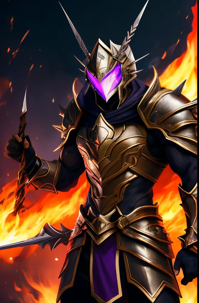 (Realism: 1,4), Dark skin, spiky hair, shiny armor with a sharp design, predominantly black and purple, controls spears with his mind and creates interdimensional portals with his hands. He has a fire-breathing salamander on his shoulder as a pet. 2d art, anime style, hd, action pose.