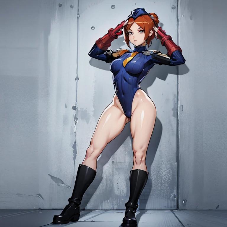 ultra-detailed, Explicit, Beautiful body, Beautiful Nose, Beautiful character design, perfect eyes, perfect face, ultra highres, 4K, beautiful legs, perfect legs, Nice hands, Perfect hand, Masterpiece, Best Quality, Highly detailed, illustration, absurdres, street fighter, doll suit, shadaloo doll, dollsuit, girls, multiple girls, expressionless, blank eyes, looking at viewer, red gloves, emotionless, black latex, corrution, mind control, female combatant, full body, hypnotized, unhappy trance, full body suit, ribbed bodysuit, both arms at side, stand up straight, obey, perfect female body, extremely glossy latex, hypnosis, hypnoLora, empty eyes, Mind control device, poses, submissive_pose, Slave, hat, necktie, stand up straight, standing, standing at attention, hat, necktie, belt, extending the right arm from the shoulder into the air with a straightened hand, nazi saluting, military, military saluting, salute, latex, ribbed bodysuit, wide hip, thicc, a curvy body, Amy sorel, red hair, drill hair, red eyes, soul caliber