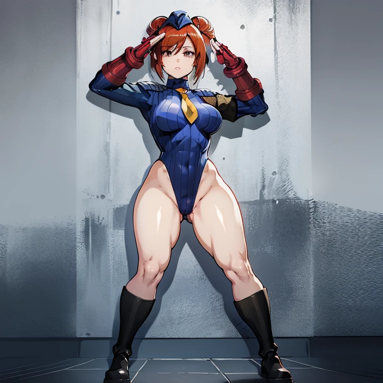 ultra-detailed, Explicit, Beautiful body, Beautiful Nose, Beautiful character design, perfect eyes, perfect face, ultra highres, 4K, beautiful legs, perfect legs, Nice hands, Perfect hand, Masterpiece, Best Quality, Highly detailed, illustration, absurdres, street fighter, doll suit, shadaloo doll, dollsuit, girls, multiple girls, expressionless, blank eyes, looking at viewer, red gloves, emotionless, black latex, corrution, mind control, female combatant, full body, hypnotized, unhappy trance, full body suit, ribbed bodysuit, both arms at side, stand up straight, obey, perfect female body, extremely glossy latex, hypnosis, hypnoLora, empty eyes, Mind control device, poses, submissive_pose, Slave, hat, necktie, stand up straight, standing, standing at attention, hat, necktie, belt, extending the right arm from the shoulder into the air with a straightened hand, nazi saluting, military, military saluting, salute, latex, ribbed bodysuit, wide hip, thicc, a curvy body, Amy sorel, red hair, drill hair, red eyes, soul caliber