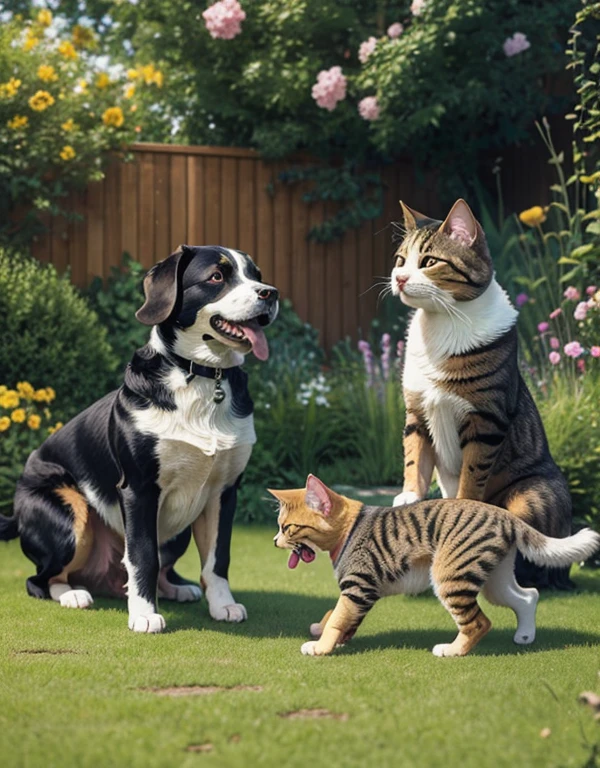 A dog playing witha a cat in a garden