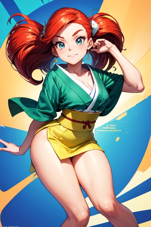 ne caricature d'une femme avec des cheveux rouges et un kimono japonais ,Kim Possible, illustration dessinée, dans le style dessin animé, personnage d’animation, Personnage de dessin animé, bande dessinée, Mary Jane, taille, inspiré par Daphne McClure, dessin animé, Photo de Slim Girl, Le personnage est dans sa pose de combat,