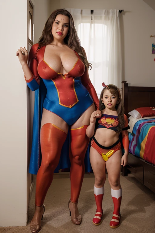 (mature, superheroine bbw , full body, spandex, perfect body), vs, david and goliath, (next door dwarf), clown dwarf,