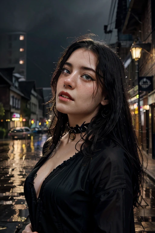 1 woman, pale white skin, thin, ((crying while looking at the rain)), standing on the street, pink and black hair, fireflies flying around her, flowers mixing with her hair, (heavy rain wetting her completely), body Superior, Cloaking, Choker, Hyper Detailed Photo, Luminism, Bar Lighting, Complex, 4k Resolution Conceptual Portrait of Greg Rutkowski, Artgerm, WLOP, Alphonse Mucha, Small Realistic Gothic Pojatti Fusion, Fractal Isometry Details Bioluminescens: A Stunning Realistic Photography, dark night, ((a lot of rain falls and the drops are visible)), the woman looks up at the sky