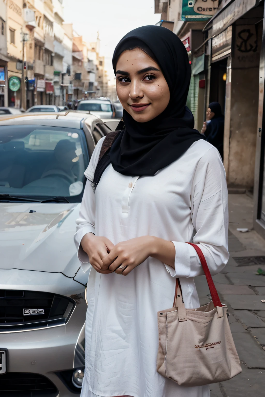 hijab girl not showing any hair with a blue eyes and black eyebrows and a beautiful face with real red cheeks with makeup and freckles on her face not showing any part of her skin, wearing a tote bag, standing next to a car in down town cairo, holding her phone in her hand, wearing a white dress with some red roses on it, background is not blurred, smiling at the camera, some egyptian cars are in the background