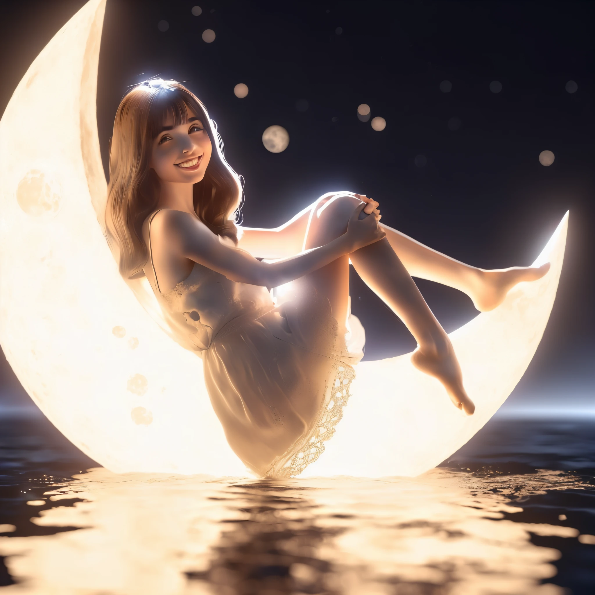 Mujer arafed sentada sobre una luna en el agua., Sentado en una luna, soft moonlight lighting, Flotar bajo la luz de la luna por la noche, en la luna, Tendencias en CGVatstation, Lindo renderizado 3D, Renderizado de Moonray, Tendencias de renderizado 3D en ArtStation, Renderizado 3D suave, luna brillando luz dorada, Render de abril, El resplandor de la luz de la luna