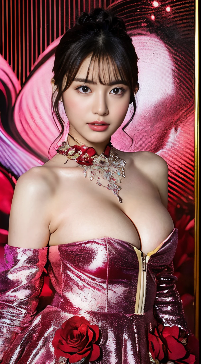 ((Colossal tits:1.3))((large boob:1.3))(velour:1.4), (A photo of herself wearing a luxurious dress with a deep red theme, inspired by roses:1.25), (A dress that combines elements of flamenco costume and wedding dress:1.1), (Off-shoulder design that beautifully shows off your rich chest:1.15), (The background is decorated with beautiful blooming crimson and red flowers...........:1.05),