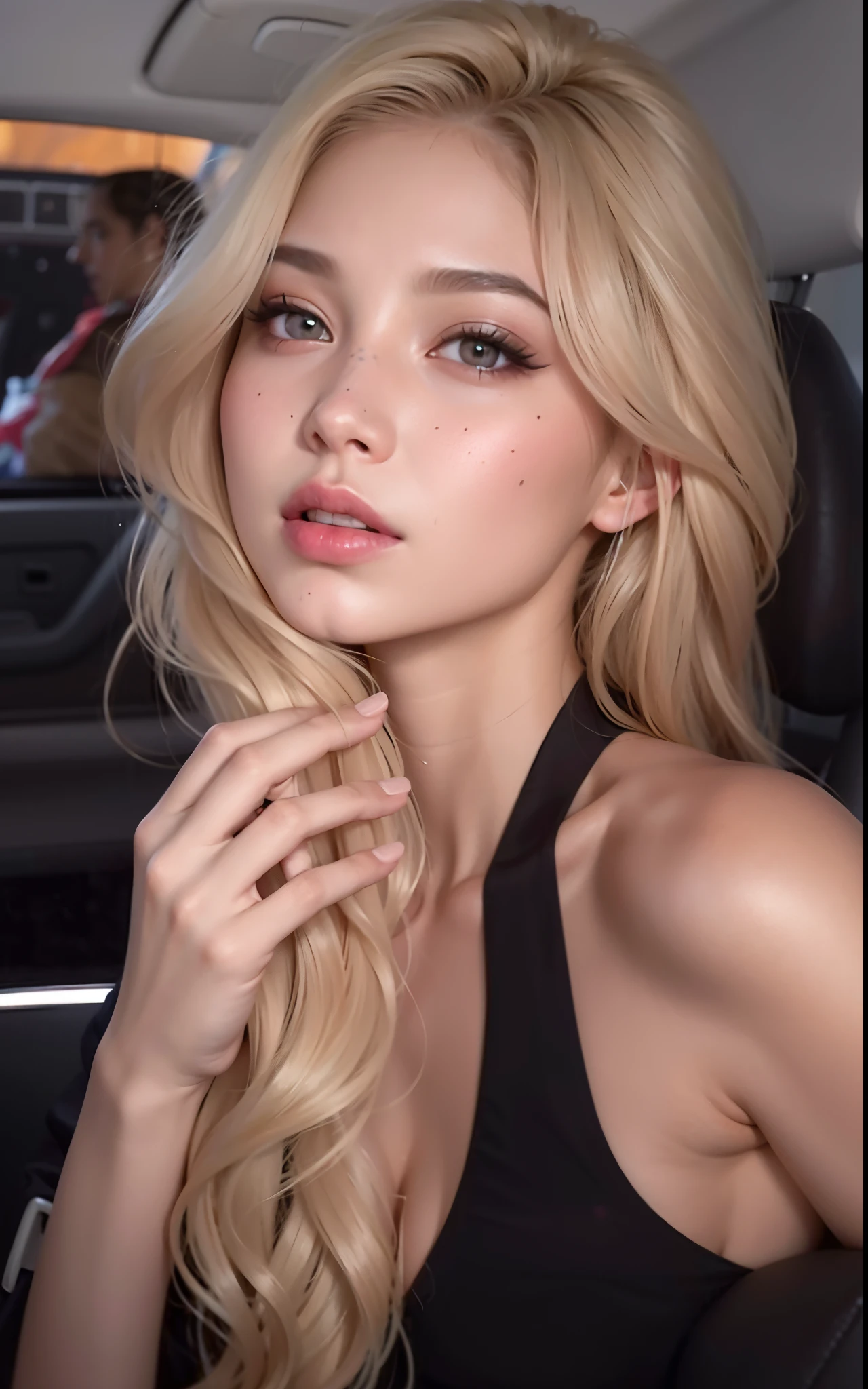 una mujer con el pelo largo y rubio y un top negro posando en un coche, Ava Max, Una chica con cabello rubio, inspirado por Yanjun Cheng, cabello rubio y ojos grandes, Cara sexy con maquillaje completo, Cabello largo y rubio y ojos grandes, Pintura digital RossDrew, Hermosa chica modelo, hermosa chica rubia, Arte digital de un elegante, Cara hermosa hiperrealista