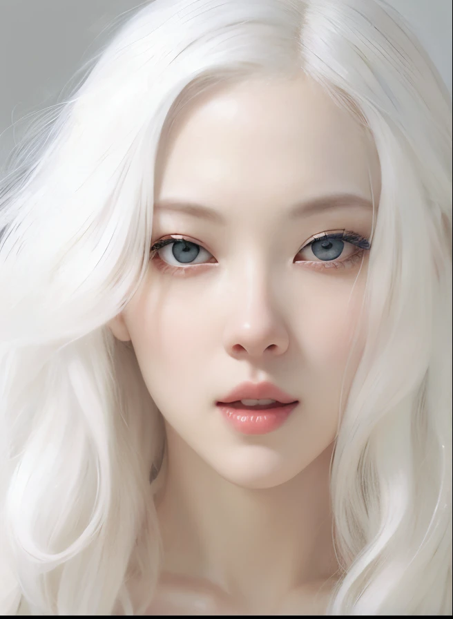 Un primer plano de una mujer coreana con el pelo largo y blanco y los ojos azules, pale porcelain white skin, albino white pale skin, soft pale white skin, pale white face, white pale skin, pale, shiny skin, pale snow white skin, porcelain pale skin, Chica perfecta de pelo blanco, very pale white skin, pale fair skin!!, pale - white skin, piel blanca muy, very pale, princesa medieval, diosa, Estilo Juego de Tronos, ulzzang, maquillaje popular de Corea del Sur