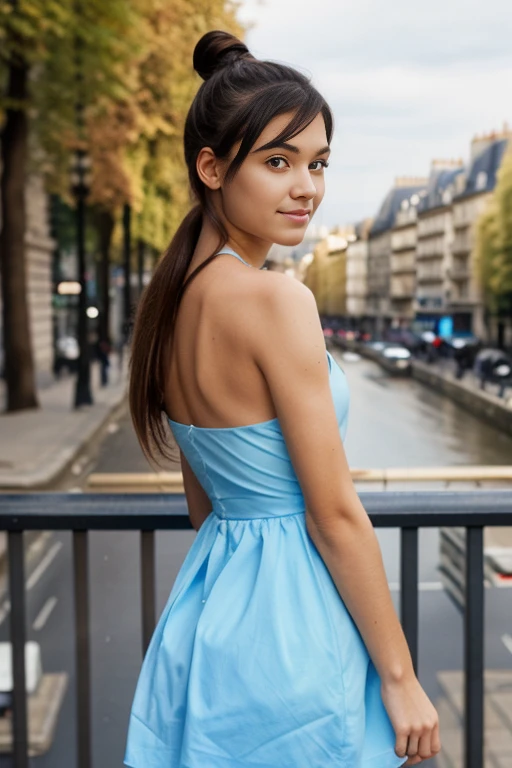 Wide angle lens, a girl with straight black long hair in a bun long,light blue eyes ,tourist,in paris wearing a micro dress,medium full-body,masterpiece,high quality,natural Lighting,filmic grain,FujiFilm  X T3,ultra realistic,