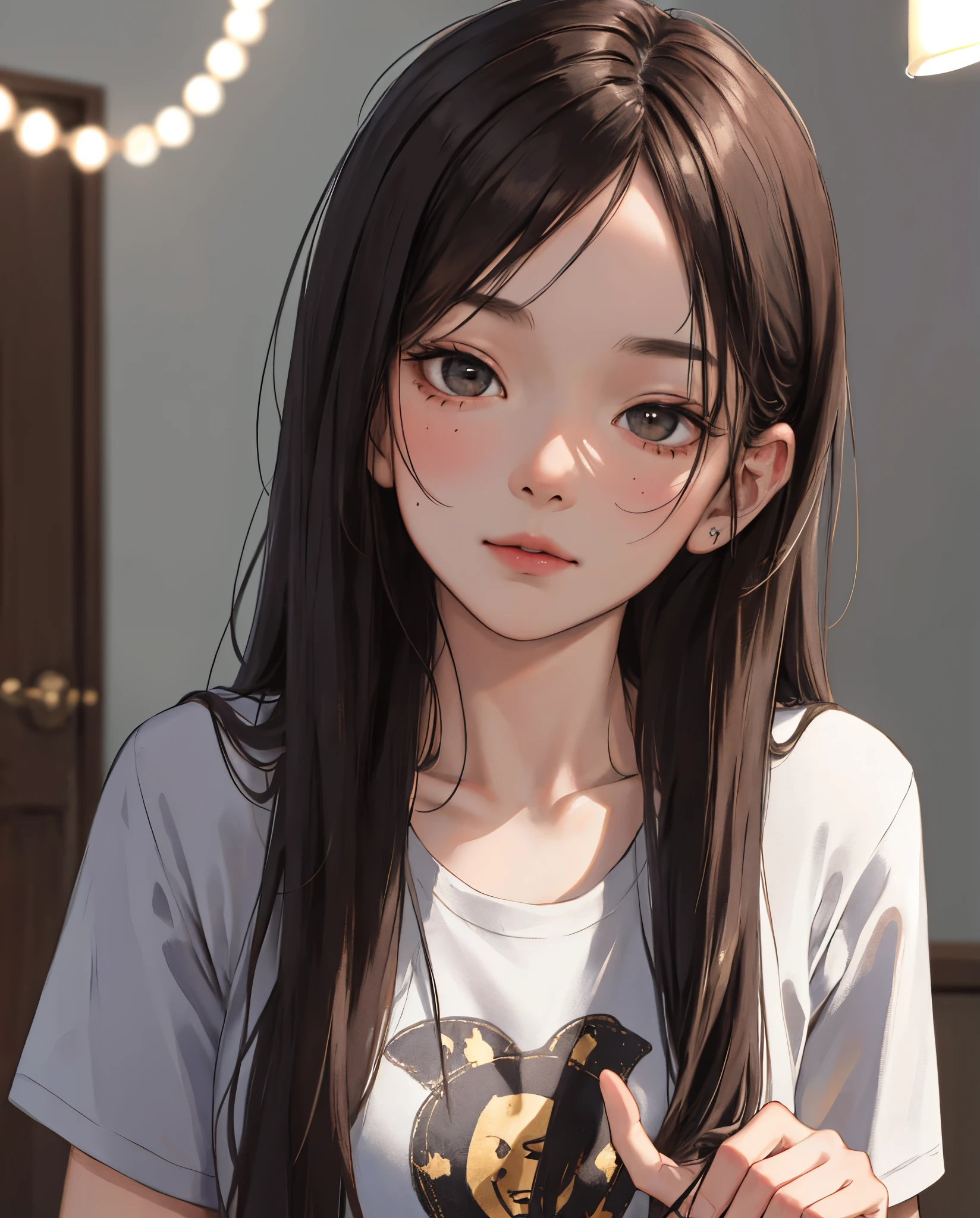 (masterpiece:1.2, best quality), (real picture, intricate details), solo, 1milf, home, close-up face, t-shirt, (front focus), studio lights, Looking at me, cute, beautiful