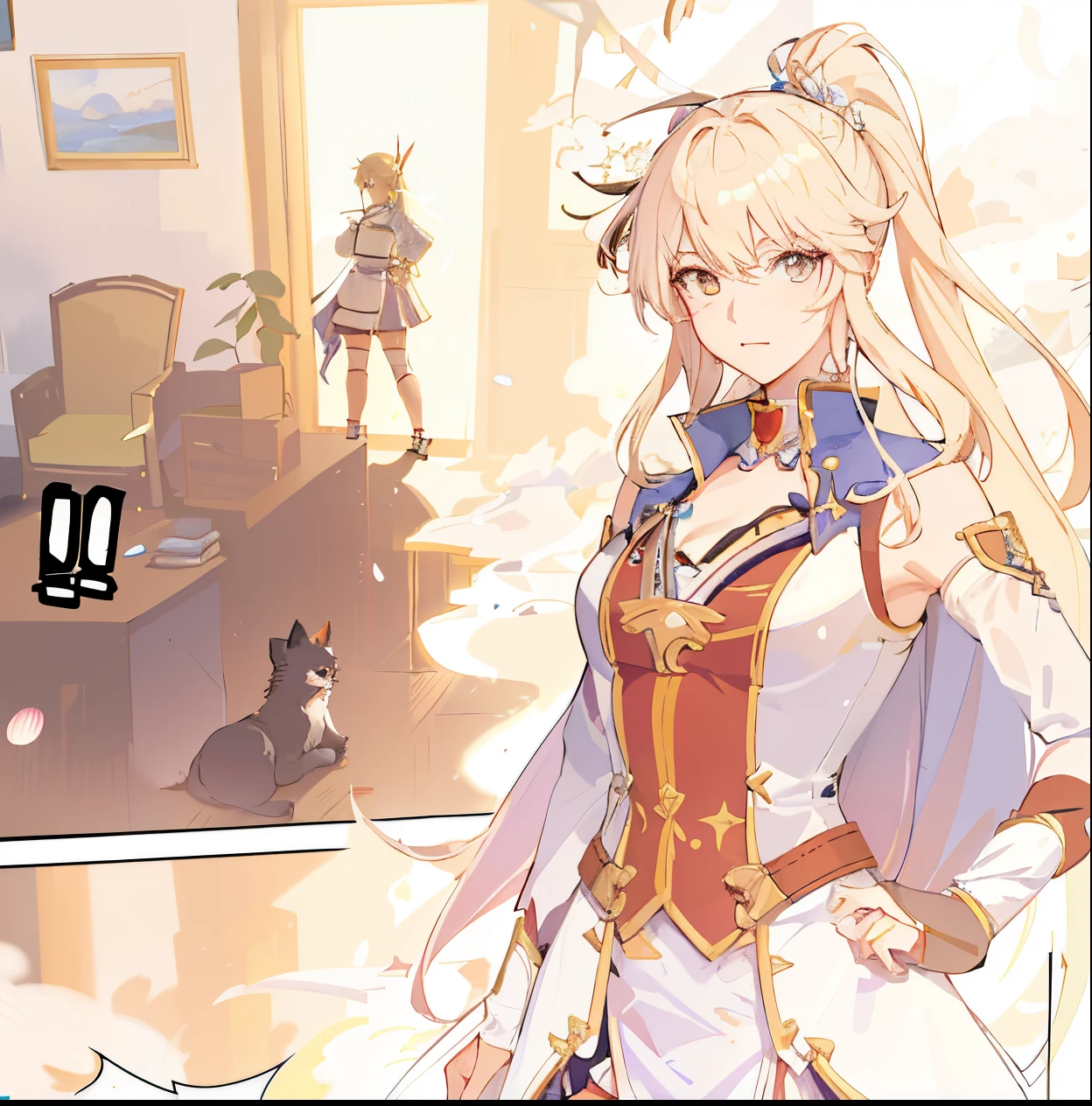 um desenho animado de uma mulher em uma sala com uma espada, Impacto de Ayaka Genshin, Keqing de Genshin Impact, Personagem Genshin Impact, Zhongli, Genshin Impact, Genshin, ayaka jogo Impacto Genshin, Impacto Genshin, estilo de impacto Genshin, Do videogame Azur Lane, Personagens de Azur Lane, estilo shadowverse, Personagem Genshin Impact, linda, ,olhos chamativos e marcantes, peitos enormes, peitos grandes, peitos definidos