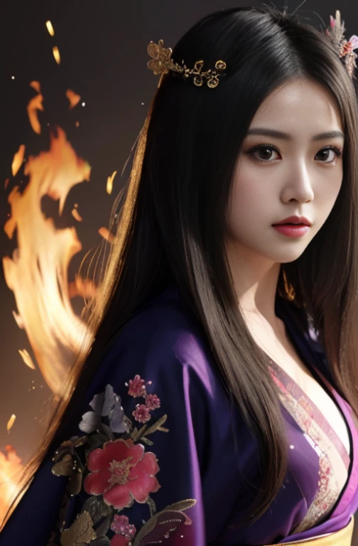 A Girl, full body shot of beautiful young Japanese female, long straight hair, wearing an elegant traditional kebaya flower embroidery, (intricate detailed on kimono), epic background, Miraculous, Perfect face, small face, small head, (beautiful detailed eyes), symmetrical eyes, (detailed face), slender, dramatic lighting, (8k, photo, masterpiece), (highest quality), (best shadow), (best illustration), ultra high resolution, 8K wallpapers, physically based rendering, photo, realistic, realism, high contrast, hyperrealism, photography, f1.6 lens, intense colors, hyper-realistic realistic texture, (detailed face, weapons, fire, glitter), (nsfw:1.28), (samurai movie theme:1.2)