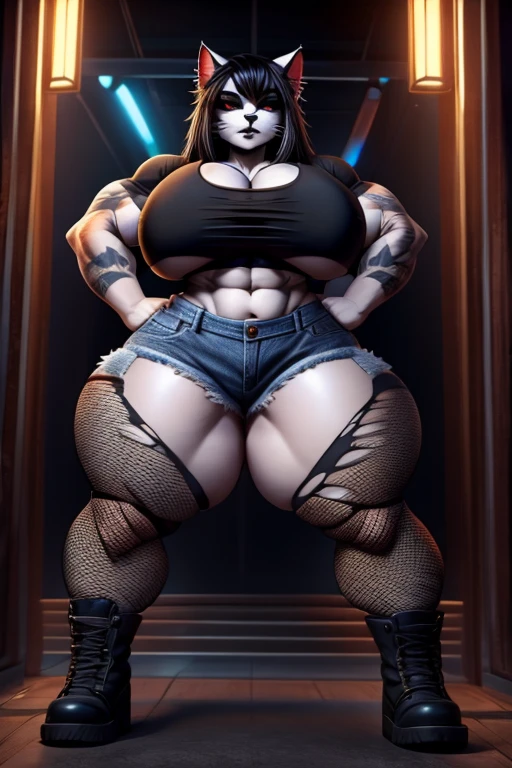 A goth cat wearing a small tight torn croptop, small tight torn jean shorts and fishnets on her arms and legs, long black hair, Giant soft boobs, large soft plump butt and thighs, horny, muscular, big