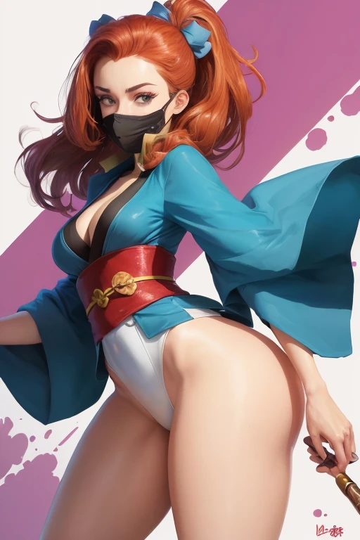 ne caricature d&#39;une femme avec des cheveux rouges et un kimono japonais ,Kim Possible, illustration dessinée, dans le style dessin animé, personnage d’animation, Personnage de dessin animé,  bande dessinée, Mary Jane, taille, inspiré par Daphne McClure, dessin animé, Photo de Slim Girl, Le personnage est dans sa pose de combat, she is well covered only her face can be seen