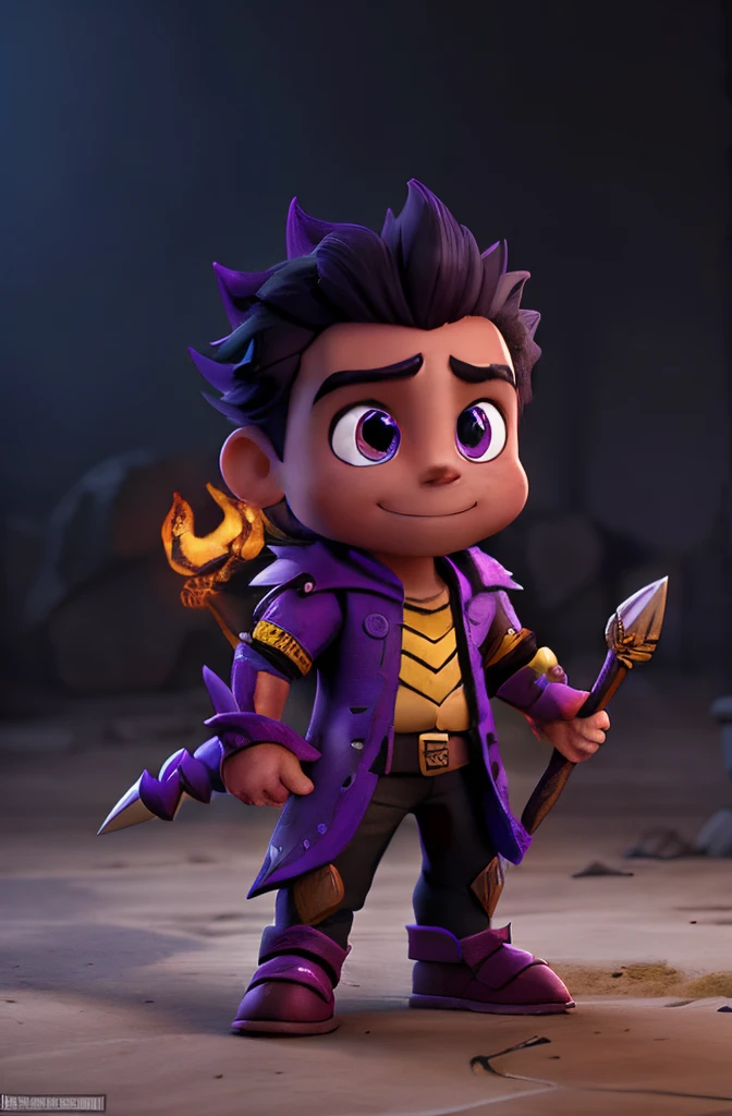 Dark skin, spiky hair, shiny armor with a sharp design, predominantly black and purple, controls spears with his mind and creates interdimensional portals with his hands. He has a pet lizard on his side. 2d art, anime style, hd, action pose. Smile showing tooths, Dimensional portals, Purple eyes. Holding a Long Spear. Angry eyebrowns, purple eyes. Rock Scenario. Action pose, Real Action pose. Casting magic. Spear Throne.