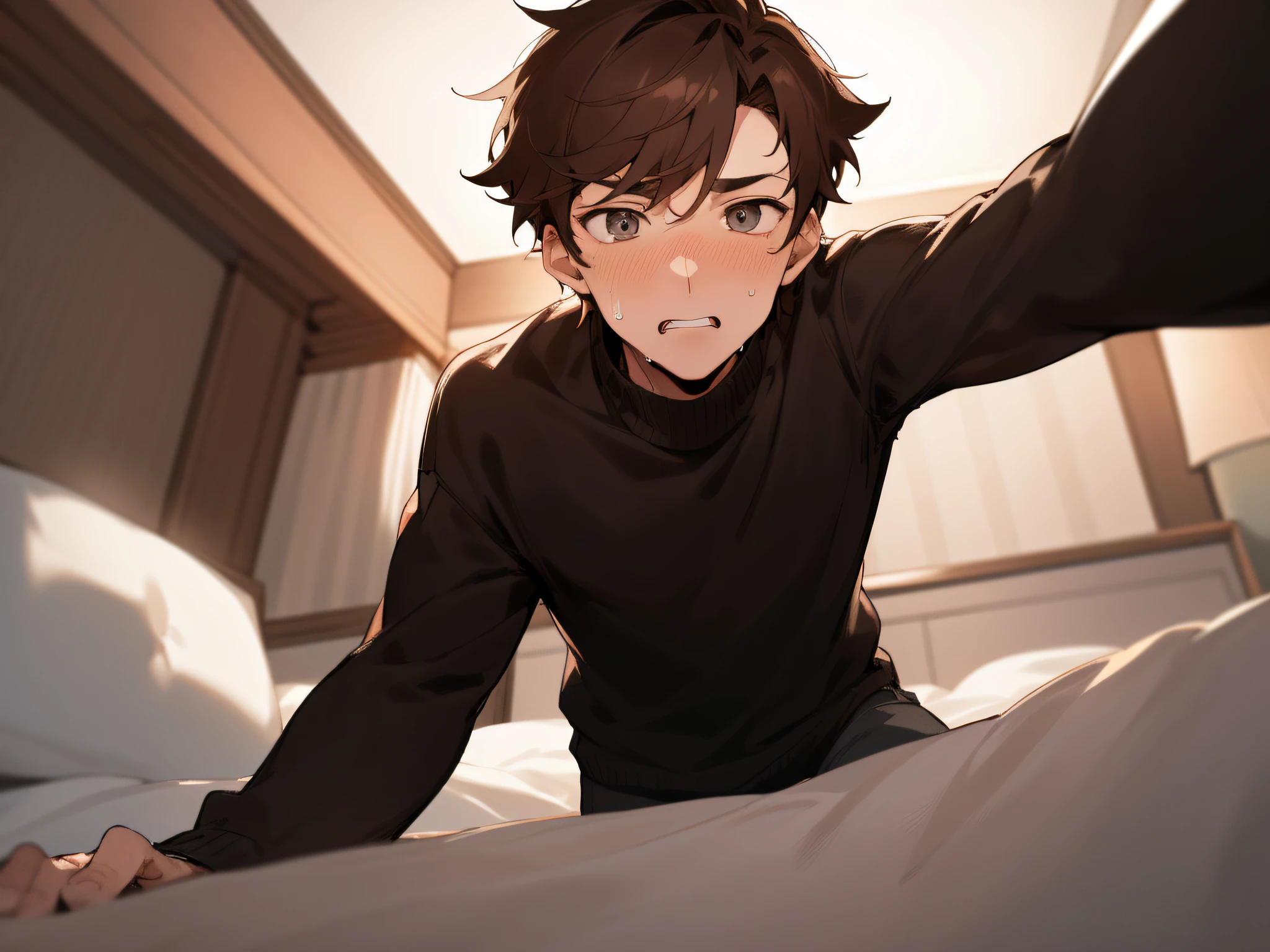 View Viewer,(close up),matured male,sharp nose,26 year old,1 male,Guy,Adults,Angle from below,Push your audience down,Brown hair、Black sweater,eyes are brown,Sweating,Impatient expression,Background Hotel,a bed,
