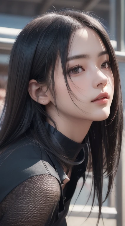 Photorealistic, masutepiece, Best Quality, Raw photo, 1girl in, Solo, Long hair, mesh color hair, Detailed face, alluring face, Black shirt with collar, medium breasts, Dynamic Pose, Looking at Viewer, From below, Detailed background, fine detailed, intricate detailes, Ray tracing, depth of fields, lowkey, nffsw