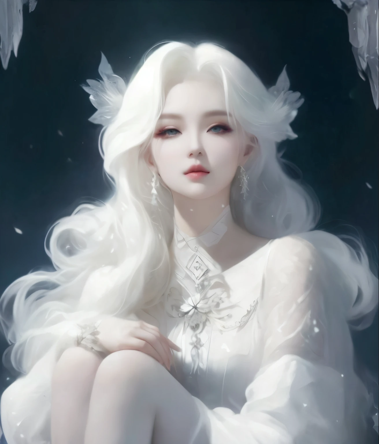 un primer plano de una mujer coreana con cabello blanco y un vestido blanco, pale snow white skin, Ethereal Beauty, Deidad de pelo blanco, Guweiz, Chica con el pelo blanco, Cabello largo blanco detallado, con pelo largo blanco, cabello blanco y hermoso, con el pelo largo y blanco, Porcelana piel blanca, Bruja Blanca, Obras de arte al estilo de Guweiz, Una pintura de plata blanca, Estilo Juego de Tronos, ulzzang, maquillaje popular de Corea del Sur