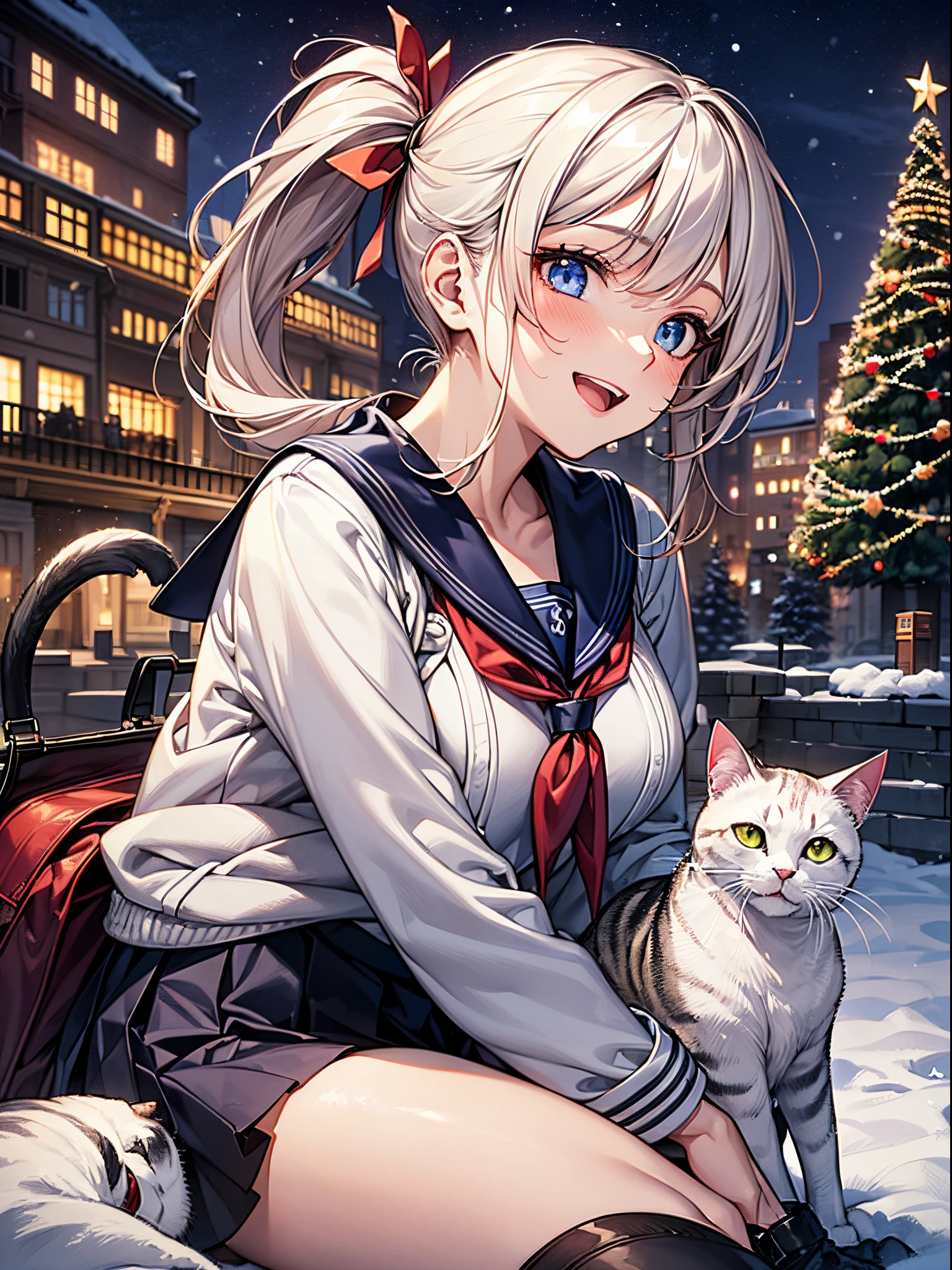 ((((perfect anatomy, super detailed skin)))), 1 girl, japanese, high school girl, shiny skin, large breasts:0.5, looking away, looking up, watching the view, from below,
beautiful hair, beautiful face, beautiful detailed eyes, (long hair:1.7, side ponytail:1.5), blond hair, blue eyes,
beautiful clavicle, beautiful body, beautiful chest, beautiful thigh, beautiful legs, babyface, mole under eye,
(((gray duffle coat), ((long sleeves)), all navy sailor suit, navy pleated skirt, navy sailor collar, red sailor scarf, thigh-highs, short boots), school bag, cross necklace), seductive thighs, ,
((smile:1.5, open your mouth wide)), sitting, (((hugging white cat, a lot of cats gather))),
(beautiful scenery), winter, midnight, hokkaido, sapporo, odori park, christmas, (christmas tree), illumination, tv tower, snow, snowfall:1.5, freezing weather, frost,
(8k, top-quality, masterpiece:1.2, extremely detailed), (photorealistic), beautiful illustration, cinematic lighting,