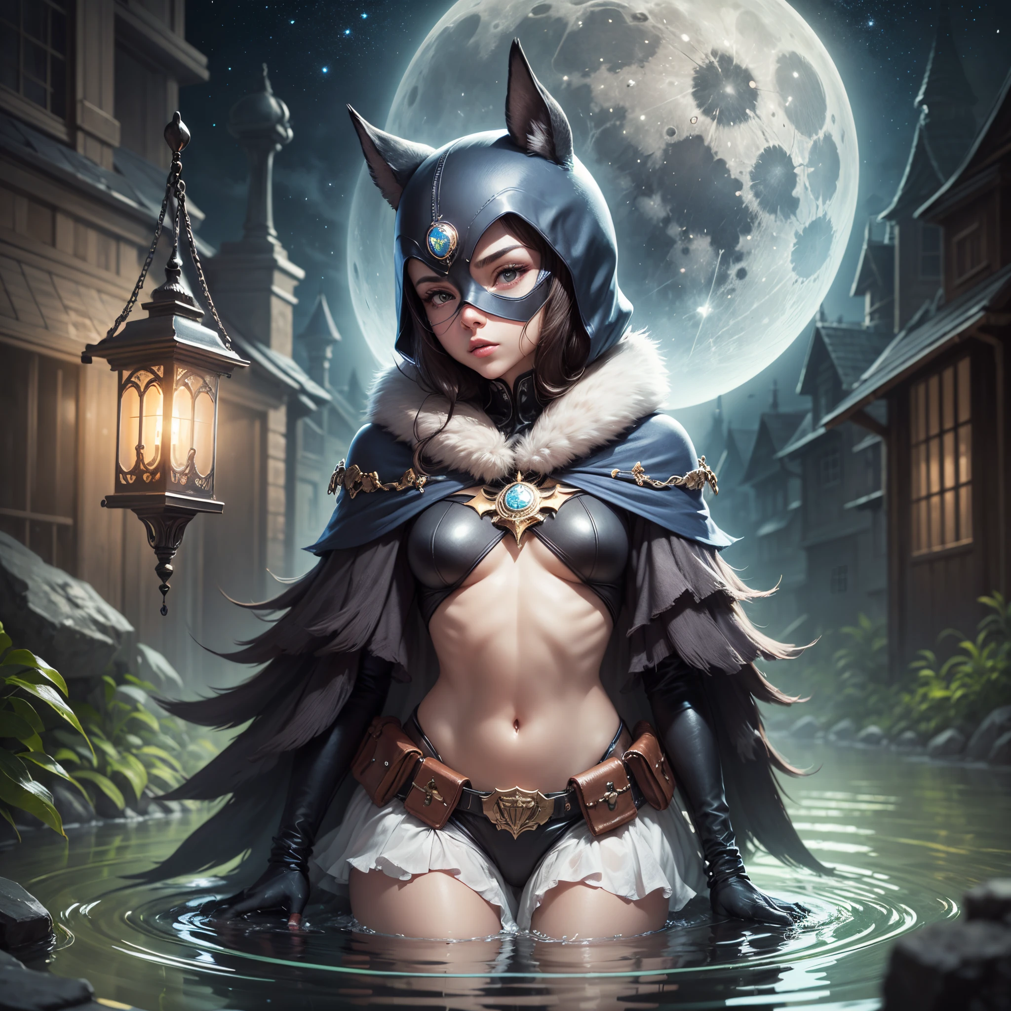 Title: "Moonlit Guardian"  Prompt: Illustrate a charming scene featuring a duck adorned with a Batman mask, gracefully wading in a serene pond under the soft glow of the moon. Surround the duck with lush vegetation, and paint a beautiful night sky filled with twinkling stars. Capture the magical ambiance of the moment as the duck takes on the role of a nocturnal guardian in this enchanting, moonlit landscape. --auto --s2