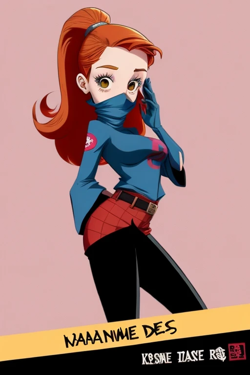 ne caricature d'une femme avec des cheveux rouges et un kimono japonais ,Kim Possible, illustration dessinée, dans le style dessin animé, personnage d’animation, Personnage de dessin animé, bande dessinée, Mary Jane, taille, inspiré par Daphne McClure, dessin animé, Photo de Slim Girl, Le personnage est dans sa pose de combat, she is well covered only her face can be seen