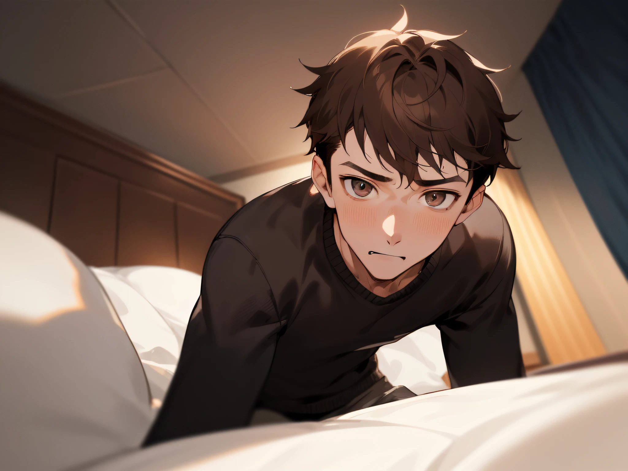 View Viewer,(close up),matured male,sharp nose,26 year old,1 male,Guy,Adults,Angle from below,Push your audience down,Brown hair、Black sweater,eyes are brown,Sweating,Impatient expression,Background Hotel,a bed,
