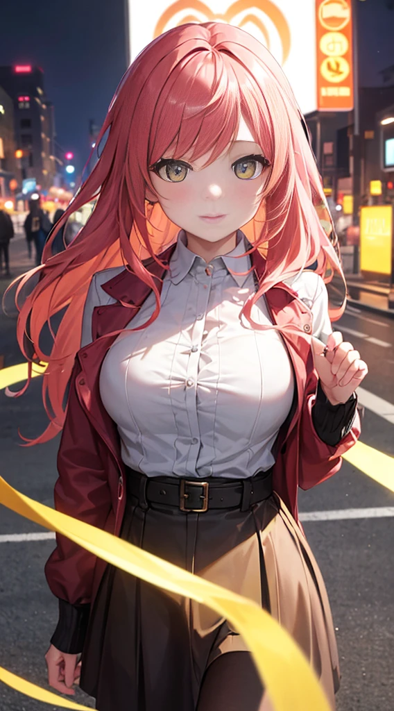 (best quality,8k,highres,masterpiece:1.2),close-up of the upper body of a young girl,sexy,pink hair,long hair,yellow eyes,black skirt,white blouse,city background at night with orange lights,portrait,anime style,colored,hair flowing,bright pink hair,colorful cityscape,mysterious atmosphere,glowing lights,night scene,urban setting,detailed clothes,posing with confidence,sensuality,feminine beauty,striking appearance,mesmerizing gaze,captivating expression.