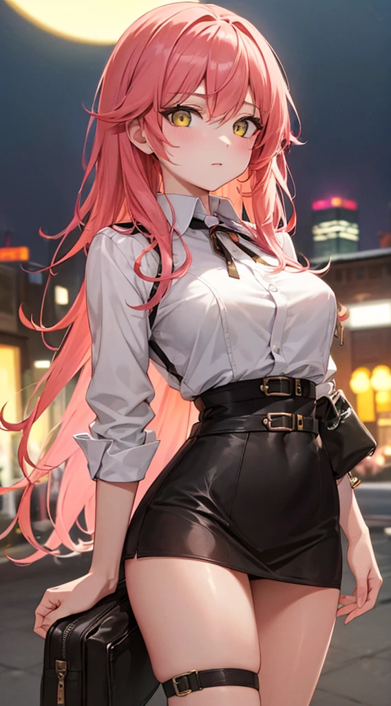 (best quality,8k,highres,masterpiece:1.2),close-up of the upper body of a young girl,sexy,pink hair,long hair,yellow eyes,black skirt,white blouse,city background at night with orange lights,portrait,anime style,colored,hair flowing,bright pink hair,colorful cityscape,mysterious atmosphere,glowing lights,night scene,urban setting,detailed clothes,posing with confidence,sensuality,feminine beauty,striking appearance,mesmerizing gaze,captivating expression.