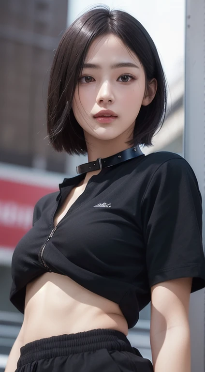 Photorealistic, masutepiece, Best Quality, Raw photo, 1girl in, Solo, handsome short hair, Detailed face, alluring face, Black shirt with collar, medium breasts, Dynamic Pose, Looking at Viewer, From below, Detailed background, fine detailed, intricate detailes, Ray tracing, depth of fields, lowkey, nffsw
