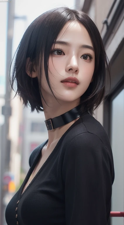 Photorealistic, masutepiece, Best Quality, Raw photo, 1girl in, Solo, handsome short hair, Detailed face, alluring face, Black shirt with collar, medium breasts, Dynamic Pose, Looking at Viewer, From below, Detailed background, fine detailed, intricate detailes, Ray tracing, depth of fields, lowkey, nffsw