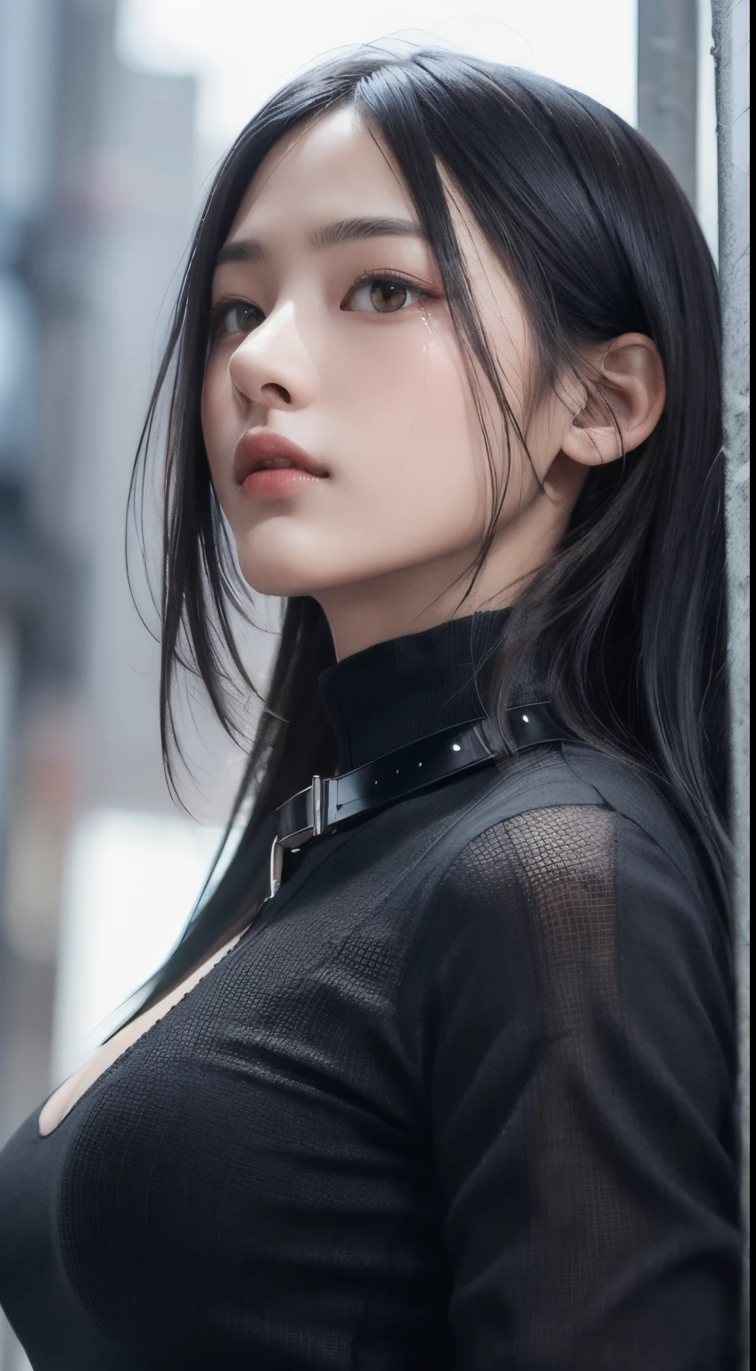 Photorealistic, masutepiece, Best Quality, Raw photo, 1girl in, Solo, Long hair, mesh color hair, Detailed face, alluring face, Black shirt with collar, medium breasts, Dynamic Pose, Looking at Viewer, From below, Detailed background, fine detailed, intricate detailes, Ray tracing, depth of fields, lowkey, nffsw