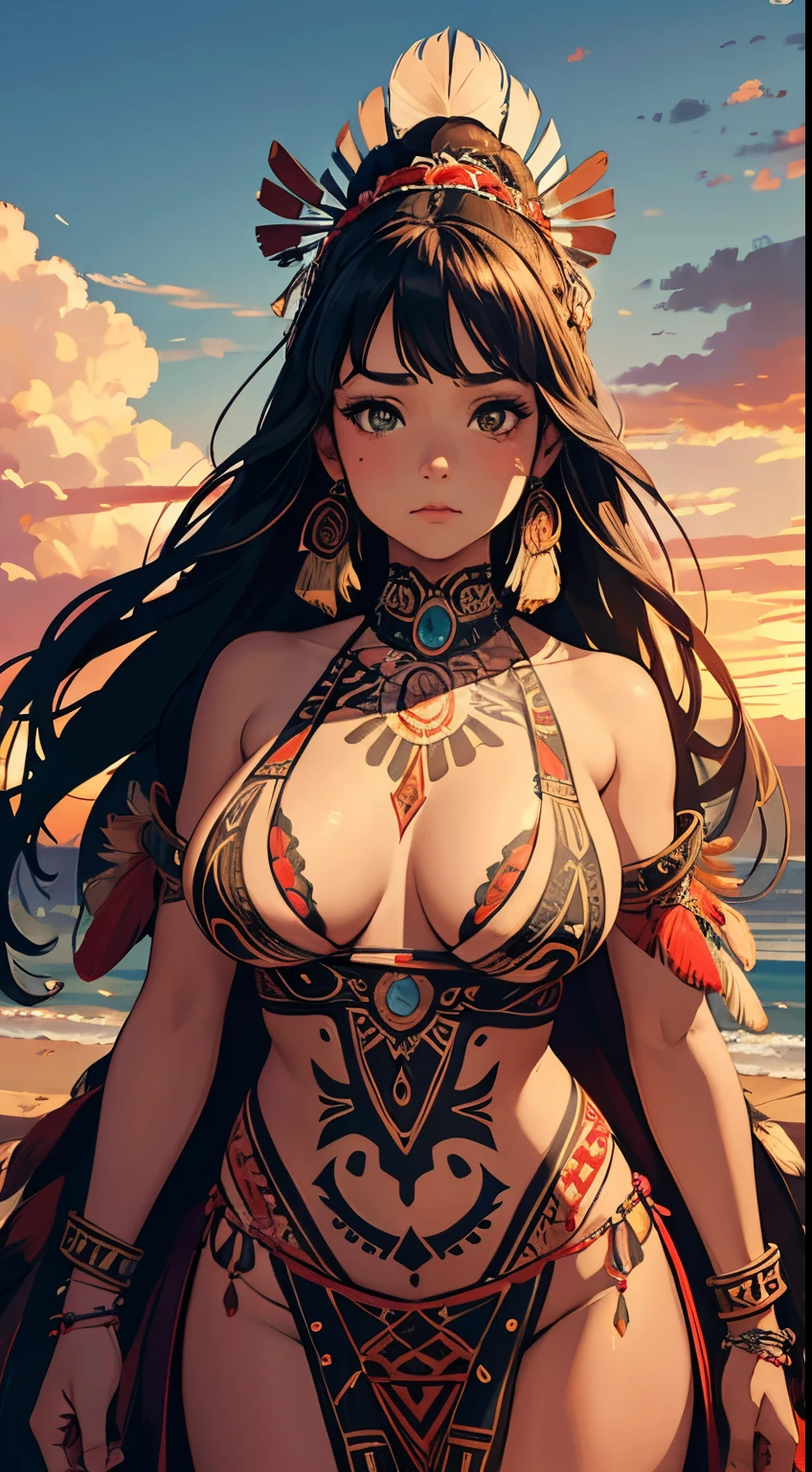 1 girl, native tribal American Indian goddess, in lingerie, intricately detailed billowing dress, tribal pattern tattoos, looking at the viewer, absolute res, masterpiece, 8k, ultra sharp,