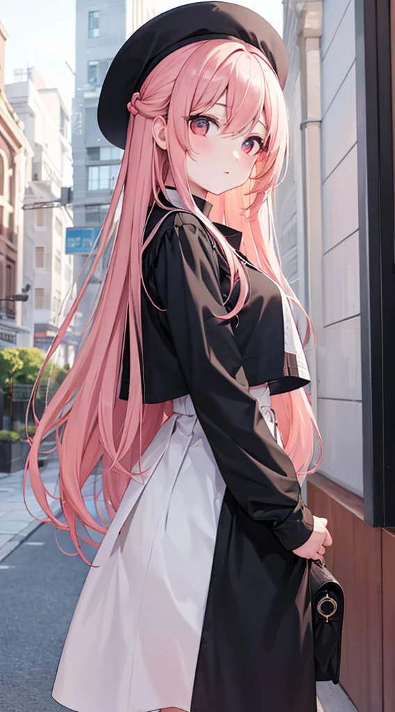 1 chica, long straight pale pink hair, ojos burdeos, falda negra, blusa blanca, fondo ciudad