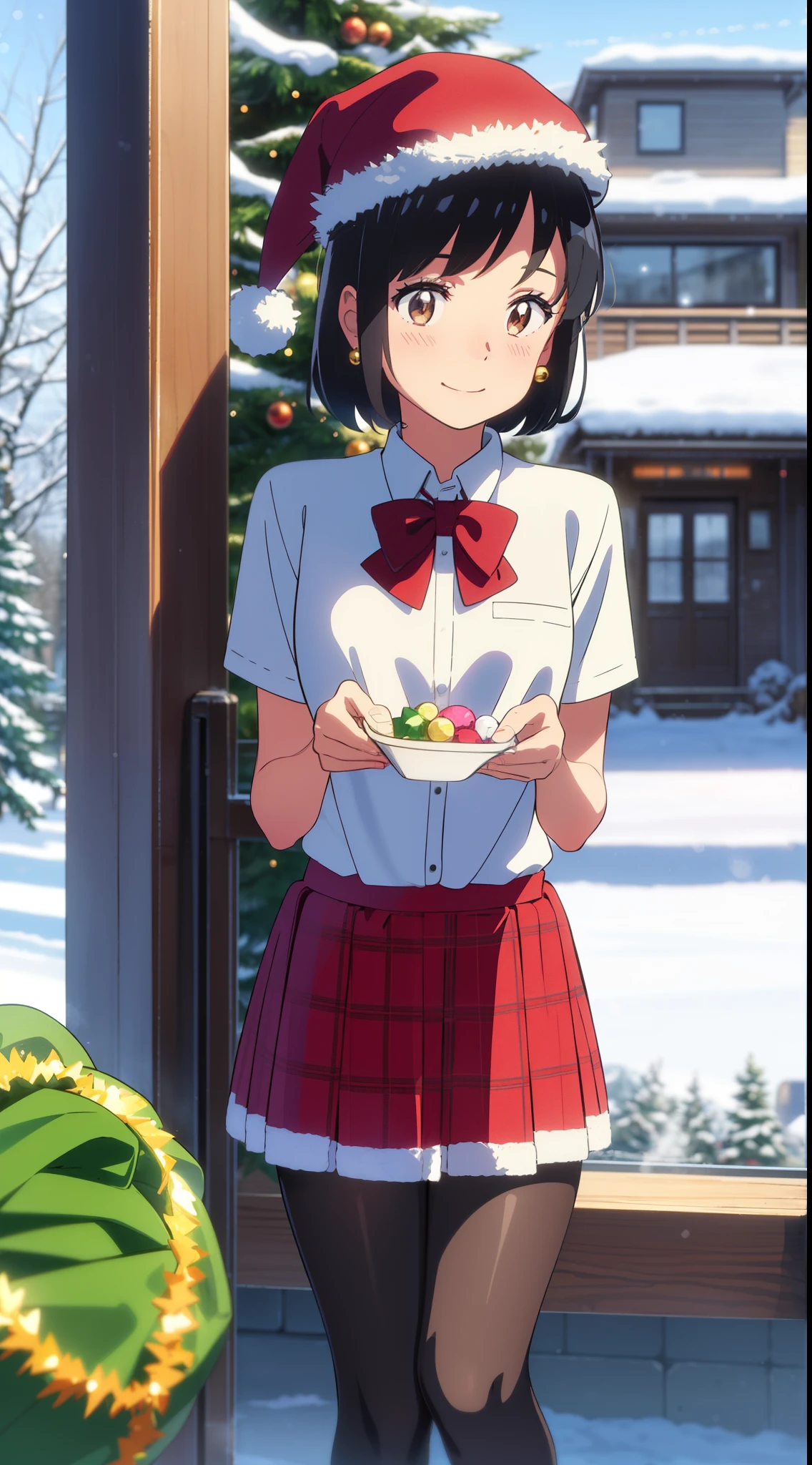 shinkai makoto, kimi no na wa., 1girl, bangs, black hair, blush, bright eyes, brown eyes, bow, red bow, ribbon, red ribbon, short hair, medium breats, solo, perfect hands perfect anatomy, sweet face, day, outdoors, winter scenery, snow, steam, cloud, Against the background of winter scenery, Santa Claus costume, Christmas uniform, Christmas shirt, red Christmas shirt, skirt, plaid skirt, green plaid skirt, short sleeves, candy cane stockings, jingle bell earrings, Santa Claus hat, smile, happy, school