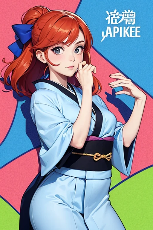 ((porte long kimono japonais)) ;une femme avec des cheveux rouges et un kimono japonais ,Kim Possible, illustration dessinée, dans le style dessin animé, personnage d’animation, Personnage de dessin animé, bande dessinée, Mary Jane, taille, inspiré par Daphne McClure, dessin animé, Photo de Slim Girl, Le personnage est dans sa pose de combat, she is well covered only her face can be seen